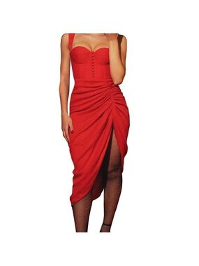 Red Ruched Split Midi Dress with Corset Bodice